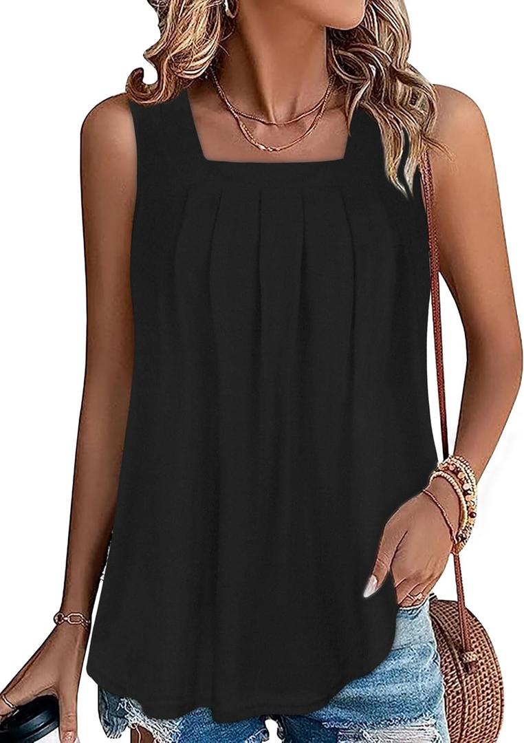 CHICALLURE Womens Tank Tops Casual Square Neck Sleeveless T Shirts Loose Camisole Summer Blouses, A Black, Large