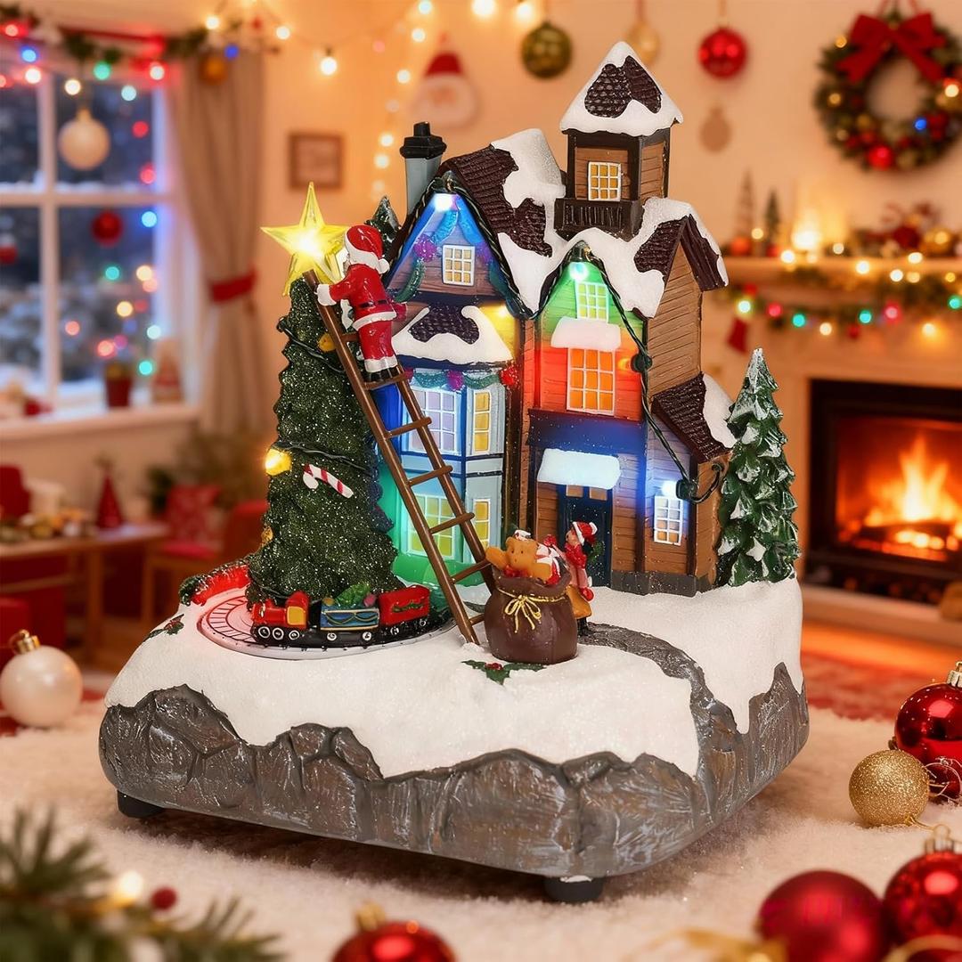 PETAFLOP Christmas Village Houses with Rotating Train, LED Lighted Musical Christmas House Decorations, Resin Xmas Gift for Family Kids Indoor Tabletop Display
