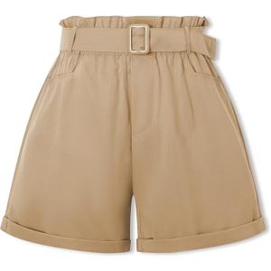 SANGTREE Girl's Casual Ruffled Paperbag Waist Shorts, 3 Years - Women 3XL (6-7 Years, Belted - Khaki)