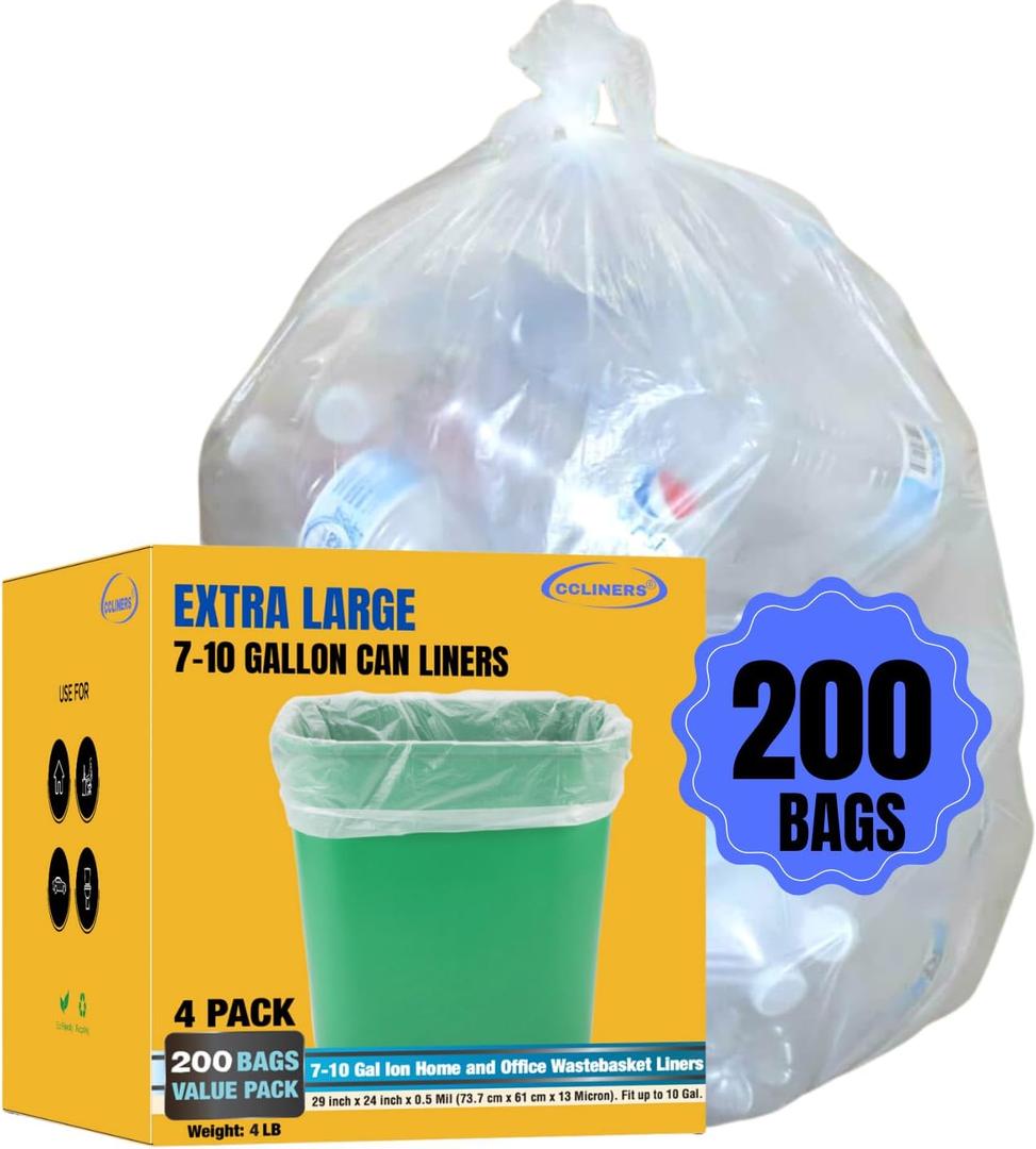 7-10 Gallon Clear Garbage Bags Medium Kitchen Trash Bags Large Plastic Wastebasket Trash Can Liners for Home and Office Bins, 200 Count (Fits 7 Gallon, 8 Gallon, 9 Gallon and 10 Gallon Bins) (200 Count (Pack of 1))