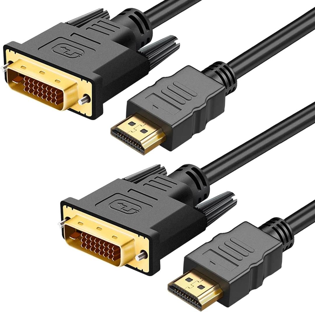 HDMI A to DVI Adapter Cable 6ft, 2 Pack Bi-Directional 1080P HDMI to DVI-D Cable Male to Male, High-Speed Gold-Plated for Raspberry Pi, Roku, X-Box One, PS3/4/5, Graphics Card