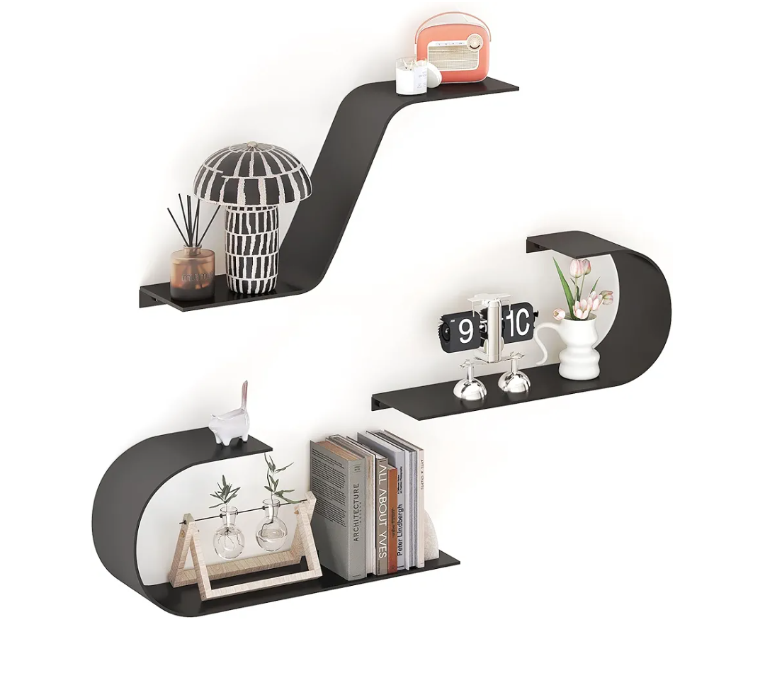 Black Floating Shelves Set of 3, Black Metal Decor, Unique Mounted Floating Shelf, Modern Long Wall Shelf, Large Wall Shelves for Bedroom, Bathroom, Living Room