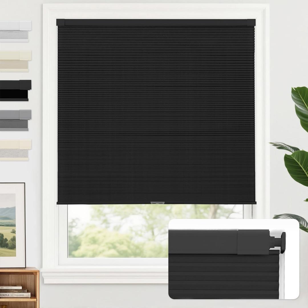 AOSKY 100% Blackout No Drill Cellular Shades Blinds for Indoor Windows, No Tools Thermal Insulated Black Out Cordless Honeycomb Blinds for Bedroom Living Room Window, 28.5" W x 64" H, Black