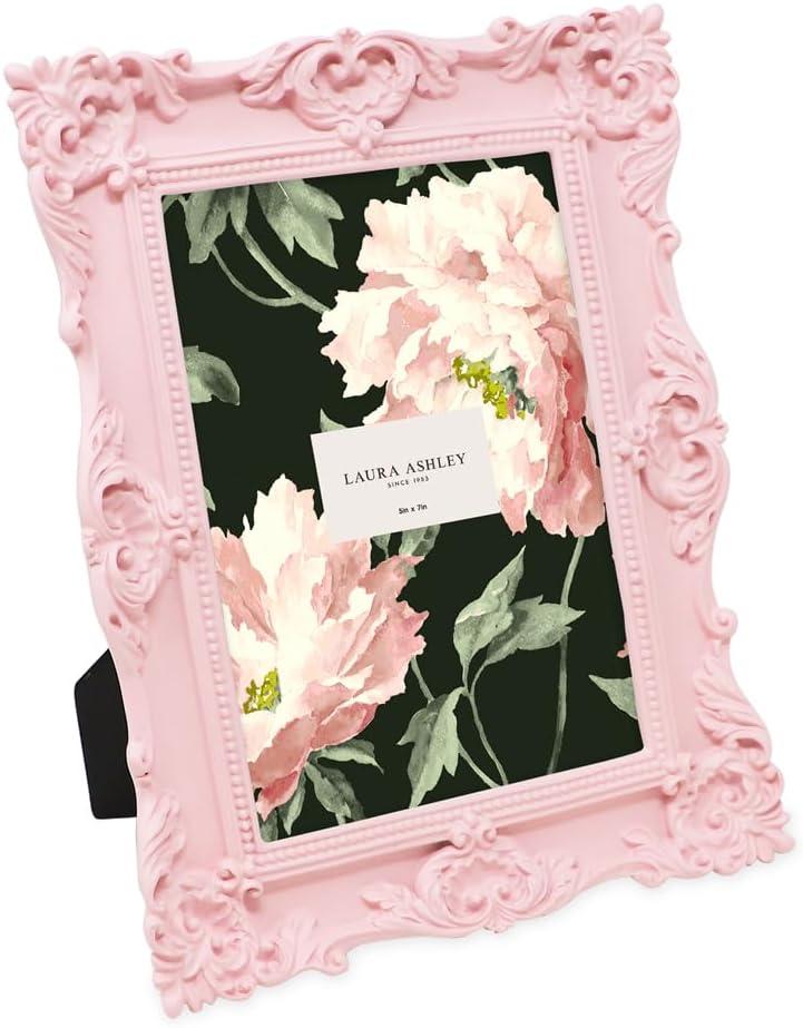 Laura Ashley 5x7 Pink Ornate Textured Hand-Crafted Resin Picture Frame with Easel & Hook for Tabletop & Wall Display, Decorative Floral Design Home Dcor, Photo Gallery, Art, More (5x7, Pink)