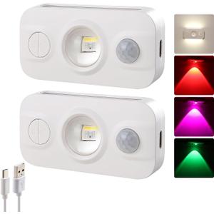 DAMI Motion Sensor Step Light with 7 Colors, USB Rechargeable, Dimmable Warm White Night Light for Bedroom, Kitchen, Staircase, Cabinets 2 Pack LED Cabinet Lighting, 600mAh Battery