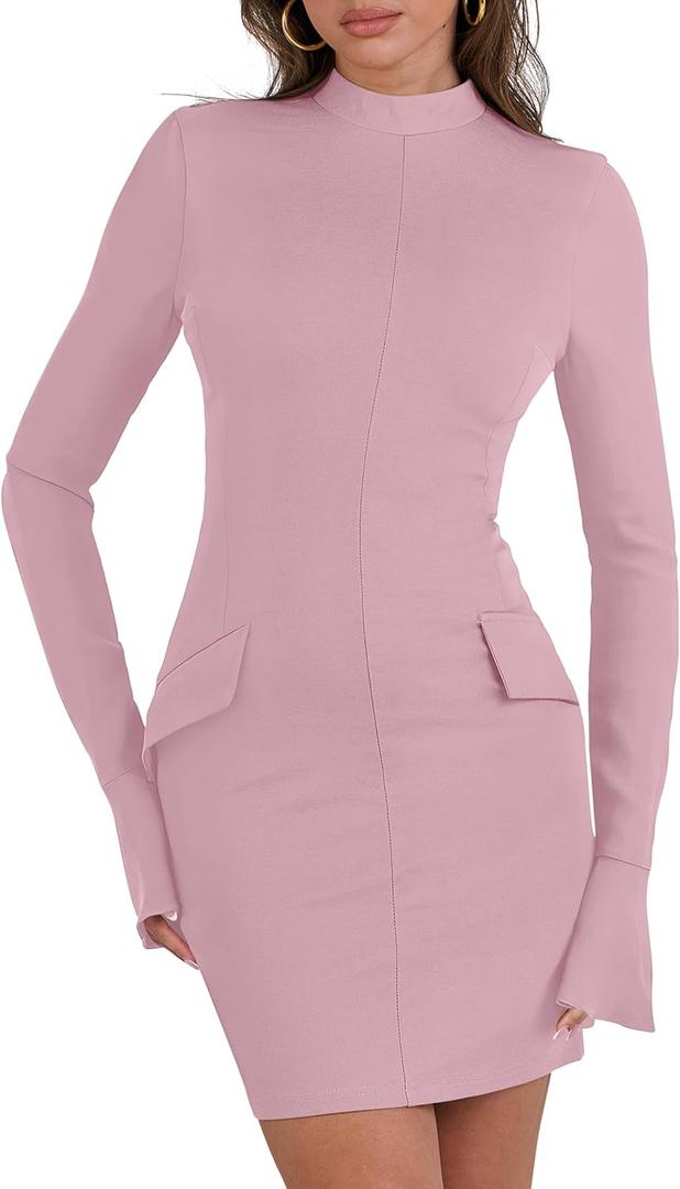 ANRABESS Women's Long Sleeve Mock Neck Sexy Bodycon Mini Dress Dressy Casual Elegant Formal Party Blazer Dresses with Pockets Pink Small