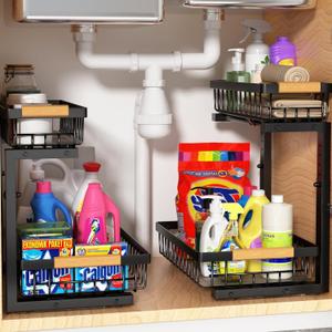 Under Sink Organizer Storage 2 Pack, 2 Tier Slide Out Height Adjustable Pull Out Cabinet Organizer Drawer for Kitchen Bathroom Large Under Sink Shelf Rack Caddy for Pantry, Black