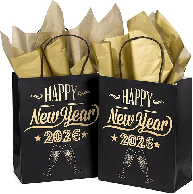 WRAPAHOLIC Medium Size Gift Bags - 12 Pack Happy New Year 2026 Black and Gold Foil Paper Bags for New Year Celebrating, Party - 8" x 4" x 10"