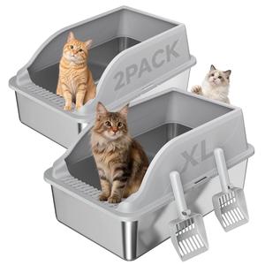 2PACK Stainless Steel Cat Litter Boxes XL Large Metal Pan Include Scoop | High Sides Lid Odor Free Easy Cleaning Anti-Scratch Anti-Urine Leakage Non-Sticky