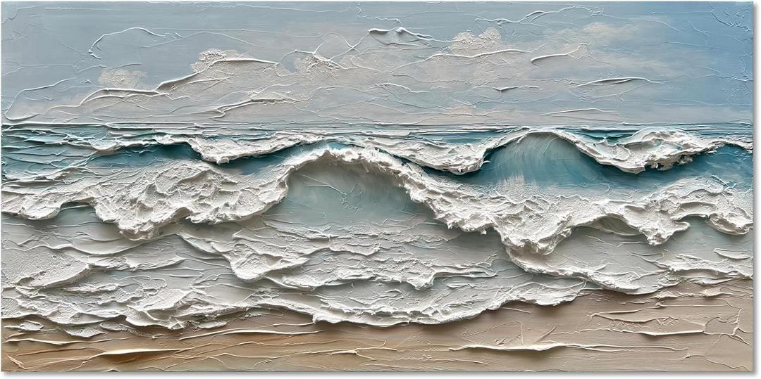Art Hand-Painted Sea Wave Beach Landscape Oil Painting Modern Abstract Canvas Art Home Office Wall Decoration 24x48 inches