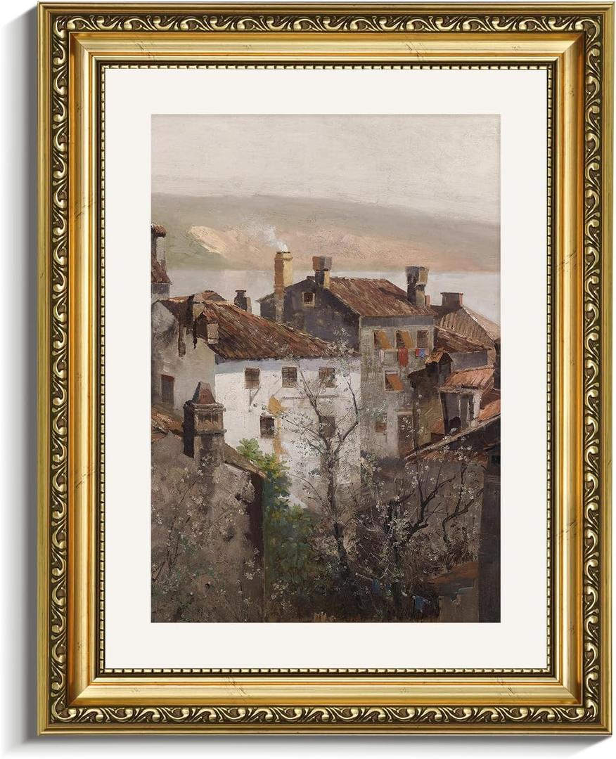 VIYYIEA Gold Framed Canvas Wall Art, European Towns Landscapes Art, Living Room Hallway Bedroom Library Rustic Retro Neutral Decor, Vintage Antique Country Town Picture Paintings,11x14 Inch