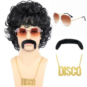 Bettecos 70s Disco Wigs for Men - Brown Curly 80s Mullet Wig for Halloween Costume Party Male Afro Funny Wigs with Glasses Necklace and Mustache (Black)