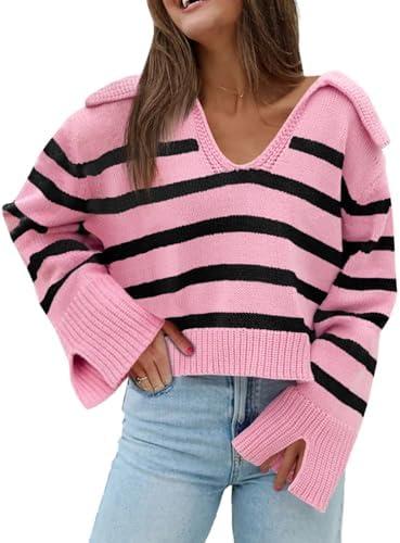 Saodimallsu Womens Striped Sweater V Neck Collared Fall Trendy Knitted Long Sleeve Loose Pullover Sweaters, XL