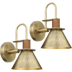 Brass Wall Sconces Set of Two, HWH Industrial Wall Light Fixtures Gold Barn Light, Single Wall Lamp for Bedroom Bedside Bathroom Kitchen, Hammered Metal Shade, Antique Brass, 5HZG74B-2 BG (Medium)