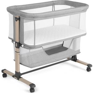 Cowiewie Bassinet Bedside Sleeper, Portable, Breathable, Adjustable Baby Bedside Bassinet for Peaceful Nights, Light Grey, Crib