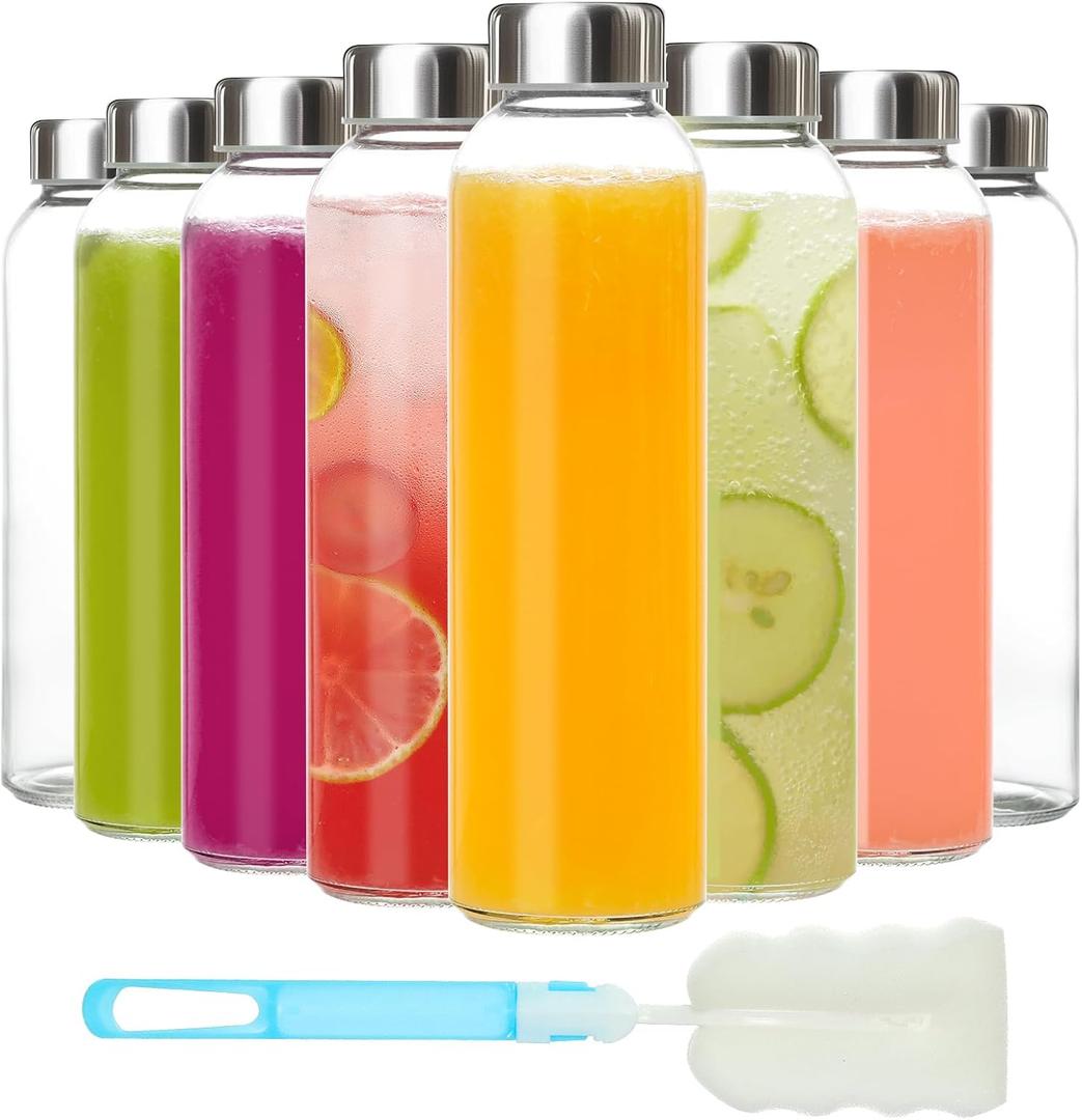 KEYWING 8Pack Glass Juice Bottles with Lids, 18oz Clear Juicing Bottle with Reusable Glass, Leak Proof Water Bottles with Airtight Stainless Steel Cap for Juice, Beverage, Smoothies, Tea, Coffee