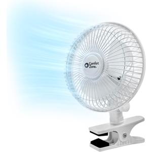 Comfort Zone Portable Clip on Fan with Fully Adjustable Tilt, Electric, 6 inch, Quiet, Indoor, 2 Speed, Mini Desk Fan, Table Fan, Airflow 6.53 ft/sec, Ideal for Home, Bedroom, Dorm & Office, CZ6C (White)