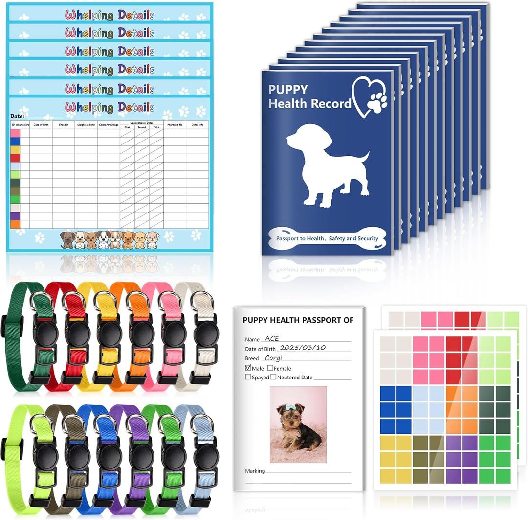 Puppy Whelping Supplies Kit Include 12 Puppy Shot Record Booklets 6 Record Keeping Charts 12 Coloured Soft Nylon Puppy Id Collars Newborn Adjustable Breakaway with 2 ID Sticker Identification Pets