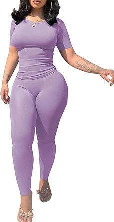 PINSV 2 Piece Sets for Women Summer Casual Jogger Workout Outfits Fitted Crew Neck T-shirt High Waist Legging Sets. M