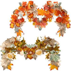Hotop 2 Pack 6 ft Thanksgiving Maple Leaf Garland for Autumn Decoration, Artificial Harvest Garland with Maple Leaves, Rose and Pumpkin, for Wedding Party Dinner Indoor Outdoor Fireplace