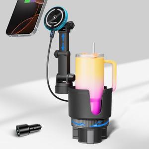 OHLPRO for MagSafe Car Charger Cup Holder Mount, 15W Fast Wireless Magnetic Charging Phone Holder for iPhone 17 16 15 14 13 Series, Adjustable Car Mount with Large Cup Base, One-Hand Operation (Blue)