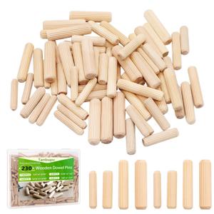 230Pcs Wooden Dowels Assorted M6 M8 M10 Fluted Wood Dowels Rods Grooved Plugs Hard Wood Crafts Dowel Pegs Woodwork Pin for Crafts, Furniture, DIY Manual,Carpentry (3/8 + 5/16 + 1/4in)