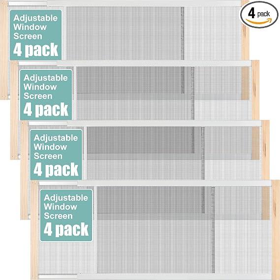 Hicarer 4 Pcs Expandable Window Screen Adjustable Sliding Window Screen Mesh with Zinc Plated Rails and Varnished Wood Ends Replacement Window Screens for Home(18 Inches High x 25-45 Inches Wide)