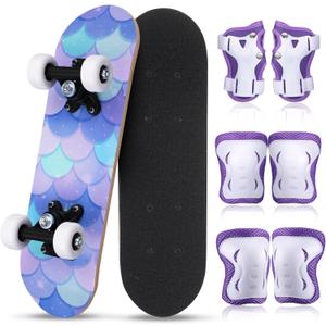 Honoson 7 Pcs Skateboard for Toddlers Beginners Knee Elbow Pads Wrist Guards Gear Set (Age 2-5 Kids 17 x 5''), Purpl