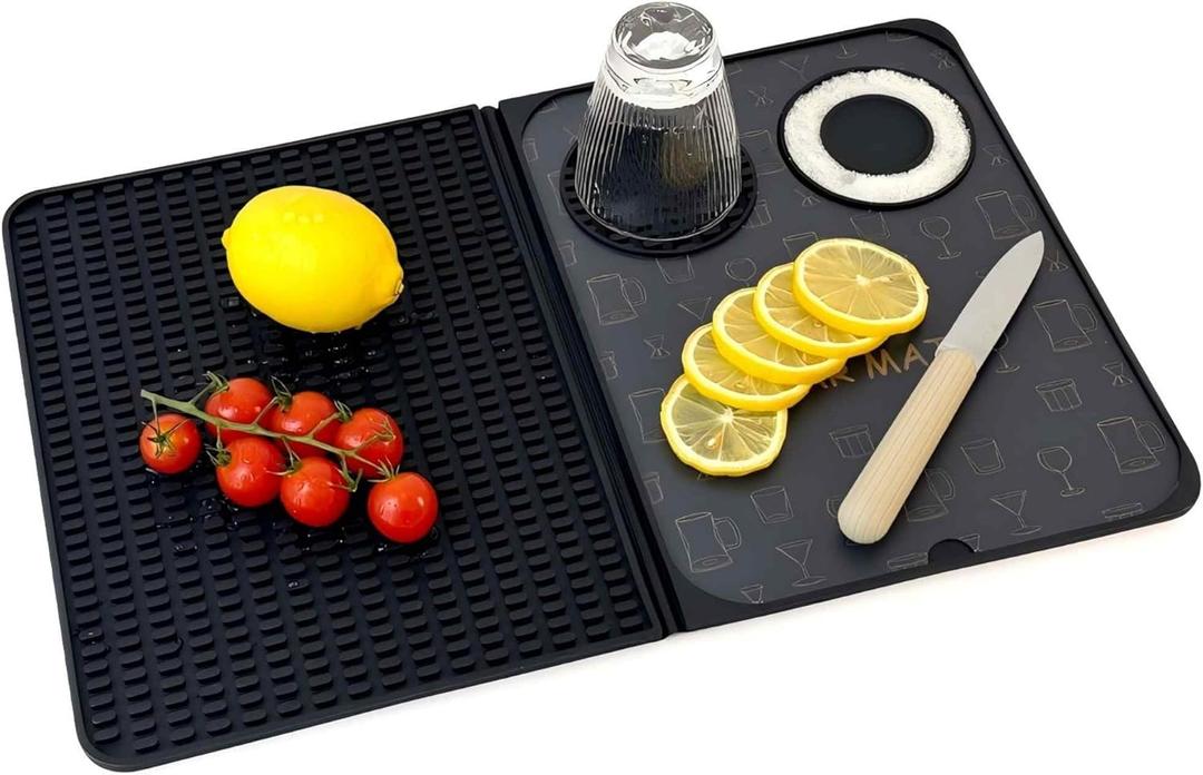 Bar Mat, Bar Accessories, Multifunctional Folding Cocktail Mat with Cutting Board, 18" X 12"(Black) Drying Mats,Bar Mat for Countertop,Bar Decorations for Home , Outdoor Bar Accessories ,Travel