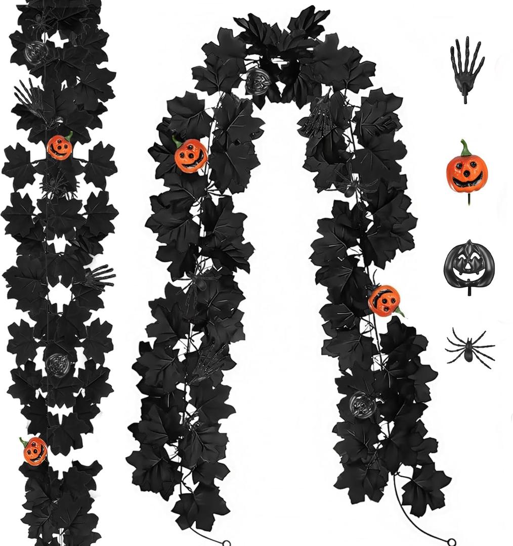 2X 6.6FT Black Maple Leaf Garland, Artificial Autumn Maple Leaf, Halloween Decoration Leaves Wall Decor for Fireplace Mantel, Stairs, Home Decor