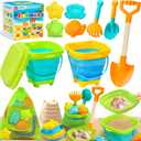 Collapsible Beach Sand Toys for Kids Toddlers, Collapsible Sand Bucket with Sifter Shovels Set with Mesh Bag and Sand Molds, Travel Beach Sandbox Toys for Boys Girls 3 4 5 6 7 8 9 10