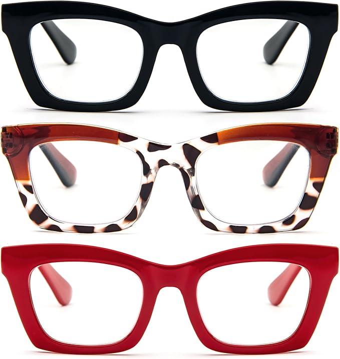 REAVEE Oprah Style Reading Glasses for Women, Blue Light Blocking Cute Oversized Square Computer Readers Spring Hinge (Black/Brown Leopard/Red) 00.50