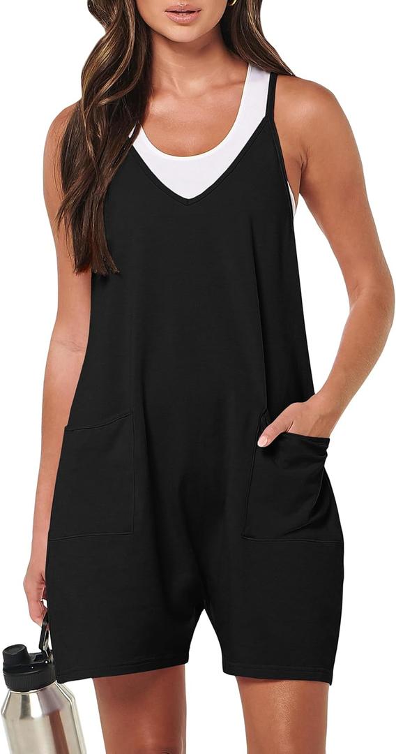 LILBETTER Women's Summer Casual Sleeveless Rompers Loose Spaghetti Strap Shorts Overalls Jumpsuit with Pockets (XX-Large, Black)