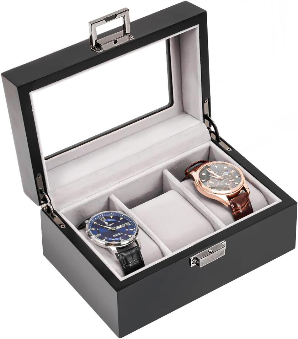 Wooden Watch Box for Men, 3 Slot Watch Display Case Mens Watch Box Organizer, Wood Watch Case for Men Watch Storage, Watch Holder Organizer with Glass Lid -3 Slot, MatteBlack