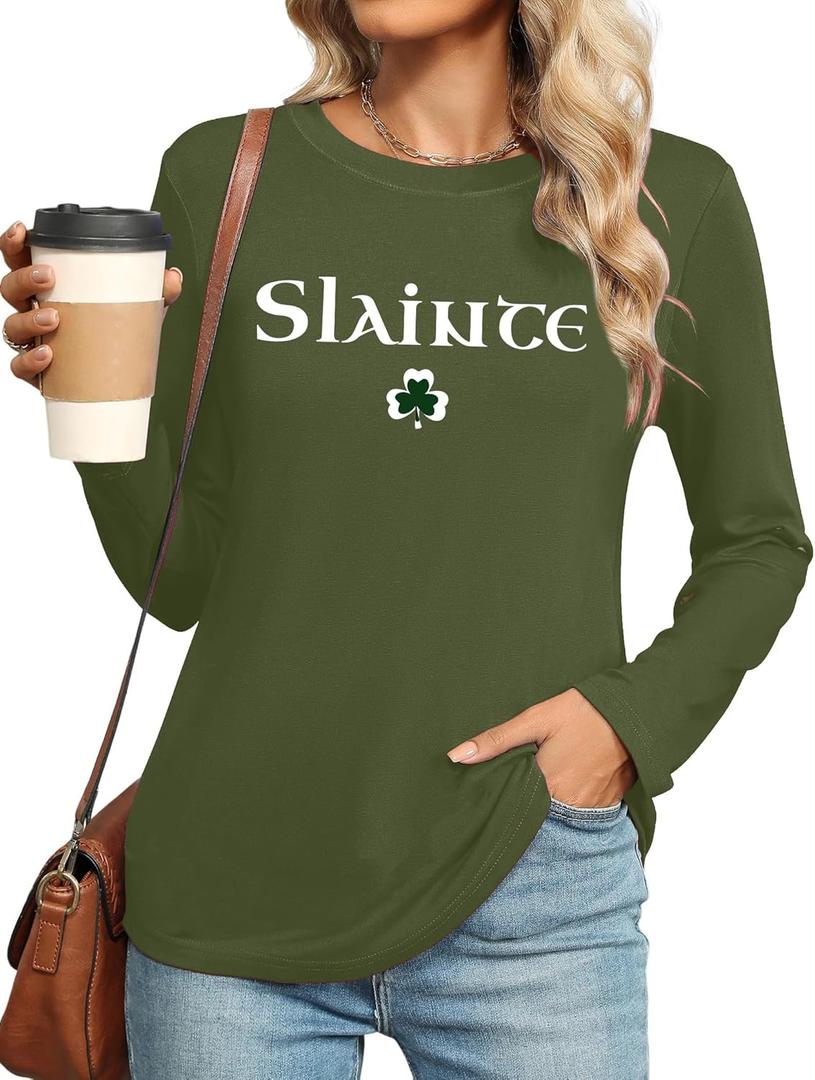 St. Patricks Day Shirts for Women Irish T Shirt Lucky Shamrock Shirt Saint Patricks Day Long Sleeve Tee Irish Gift Tops (XX-Large, Olivegreen2)