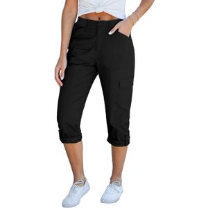 GRAPENT Cargo Capri Pants for Women High Waisted Relaxed Fit Elastic Knit Waist Casual Capris Trousers Cropped Pants (Black, Medium)