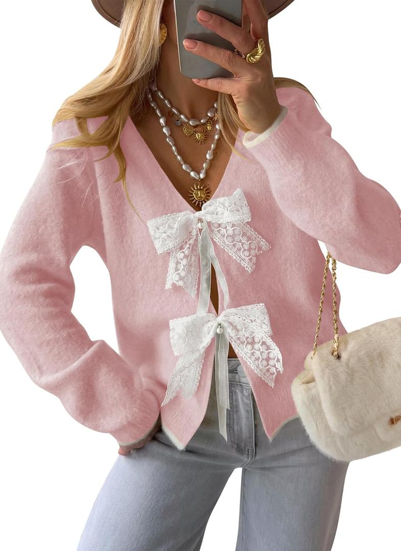 Cakulo Womens Bow Tie Sweater V Neck Cardigan Sweaters Lightweight Fall Fashion Knit Cardigans Winter Clothes 2025 Pink, Medium