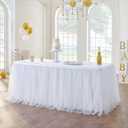 72in White Tulle Table Skirts for Rectangle Tables 6ft 4ft, 2-Layer Gold Grim Ruffle Tulle Tutu Cloth Table Skirt 6ft Long for Wedding Birthday Party Baby Shower Cake Dessert Tables(No Table Cover), 72" x 30"