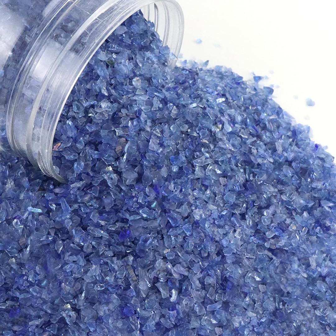 LePe Crushed Fire Glass, Translucent Broken GlassDecorative for Resin Art, Fire Pits, Potted Plants, Garden and Indoor Use, 3-6mm Fire Pit Glass, 1 Pound in Jar(Azure Blue)