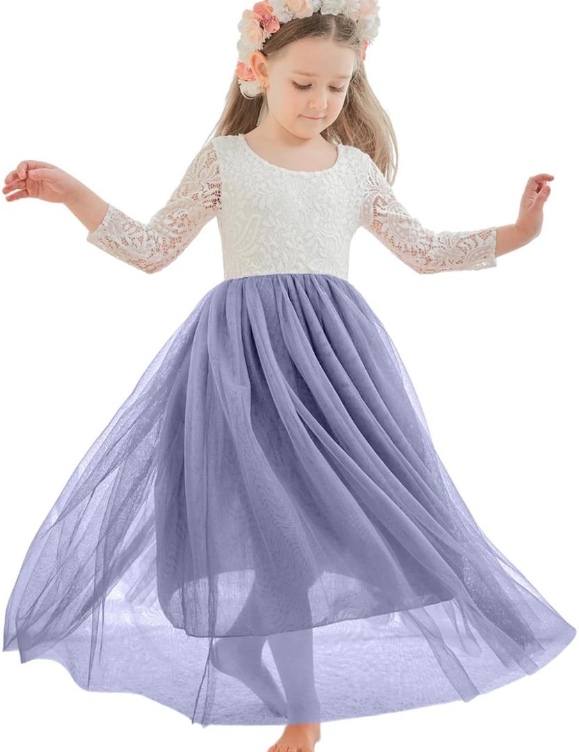 First Communion Dress Lace/Tulle Long Sleeve Flower Girl Dress Floor-Length Dresses for Wedding Garden Party , Size 100