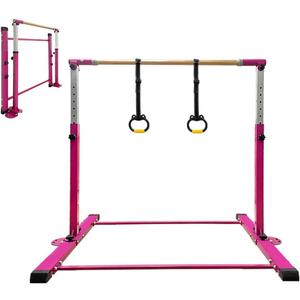Gymnastics Bar for Kids Girls Ages 3-15 with Ring for Home Indoor Training Equipment- Steady Steel Construction, Anti-Slip, Easy to Assemble, 3' to 5' Adjustable Height (4.8FT, DARK PINK)