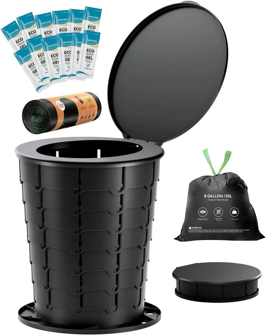 Height Adjustable Portable Folding Toilet for Camping, Adults & Kids, 400 lbs Capacity | Compact Travel Toilet with Lid, Waste Bags & Gel Packs | Outdoor, RV, Hiking, Emergency Potty