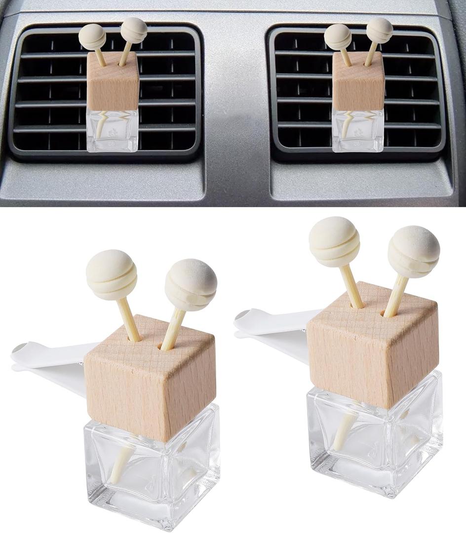 2PCS Car Essential Oil Diffuser,Interior Car Accessories Empty Essential Oil Diffuser Bottle,Refillable Empty Glass Perfume Bottles with Vent Clip,Wooden Cap and Stick,Fits Most Vehicles (2pcs) (1 Count (Pack of 1))