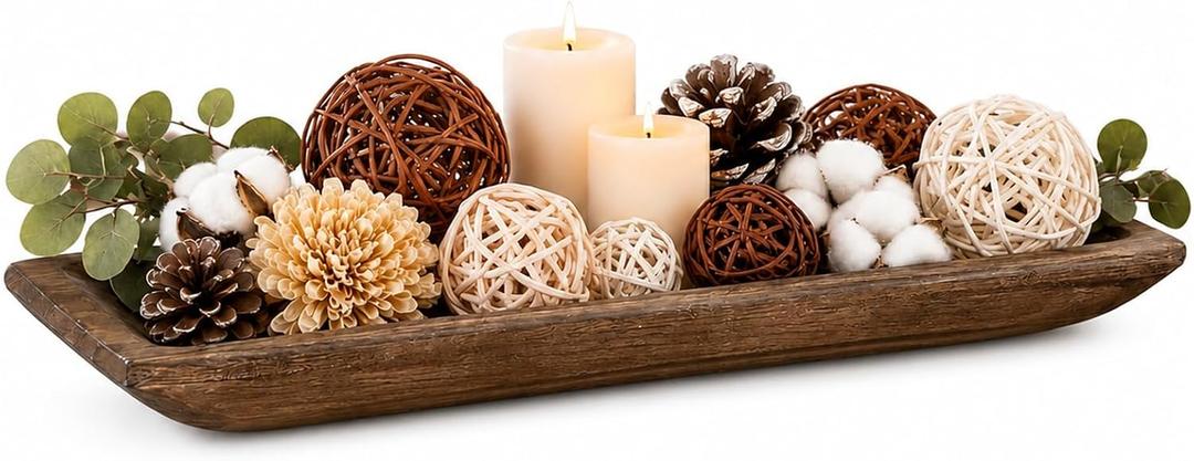 Brown Wood Dough Bowl for Decor, Rustic Farmhouse Centerpiece Tray | Fits beautifully on dining tables, coffee tables, mantels, kitchen islands, shelves, console tables and entryway spaces