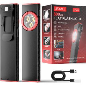 lexall EDC Flashlight, 2 Pack 800Lumen Rechargeable Pocket Flat Flashlight, Magnetic LED Flashlight with Clip, Dimmable Mini Area Light for Car Repairs/Inspection/Travel/Emergency/Camping (Ruby Red)