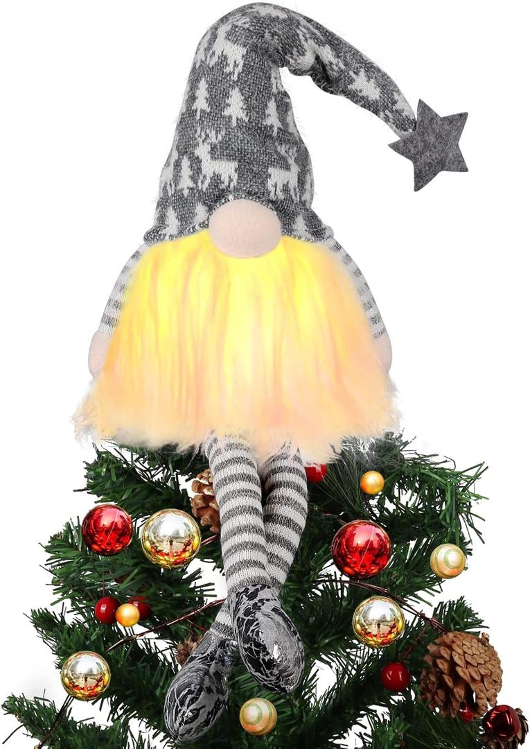 Christmas Tree Topper with Lights,Gnome Tree Topper Lighted Christmas Tree Topper 24 Inch Gnomes Christmas Tree Decorations, Christmas Home Decor-Grey (Gray)