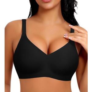 V Neck Wireless Bras for Women No Underwire Seamless Bra Full Coverage No Wire Tshirt Bras (Small, Black)