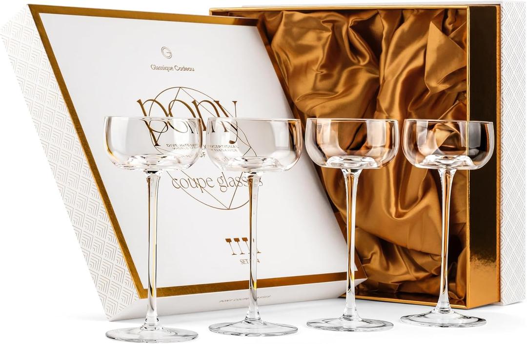 GLASSIQUE CADEAU Small 5 oz Nick and Nora Coupe Cocktail Glasses | Set of 4 | Crystal Pony Style Glassware | Elegant Long Stemmed Goblets for Martini, Gimlet, Daiquiri, Manhattan, Classic Bar Drinks