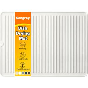 Songrey 24" x 18" Silicone Dish Drying Mat, Kitchen Counter Drying Pad for Sink Dishes or Under Rack, Multi-Use as Heat Resistant Trivet, Coffee Bar Mat (White)