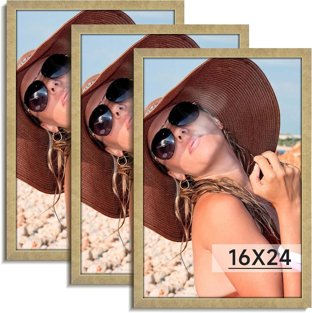 HLiWEGNS Matte Gold 16x24 Frame Set of 3 - Vintage 16 x 24 Poster Frame with Plexiglass for Wall Gallery Display, 16x24 Picture Frame for Puzzles, Artwork, Photos and Posters - Ideal Christmas Day